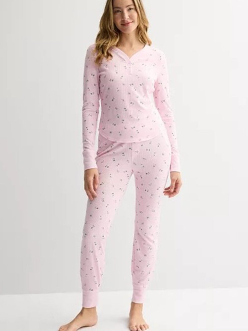 Sonoma Floral Thermal Waffle Pajamas 2 PC Set Henley Top & Jogger Pants Pink NEW